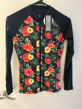 Tesla Black Rash Guard with Red, Yellow & Green Hibiscus Print